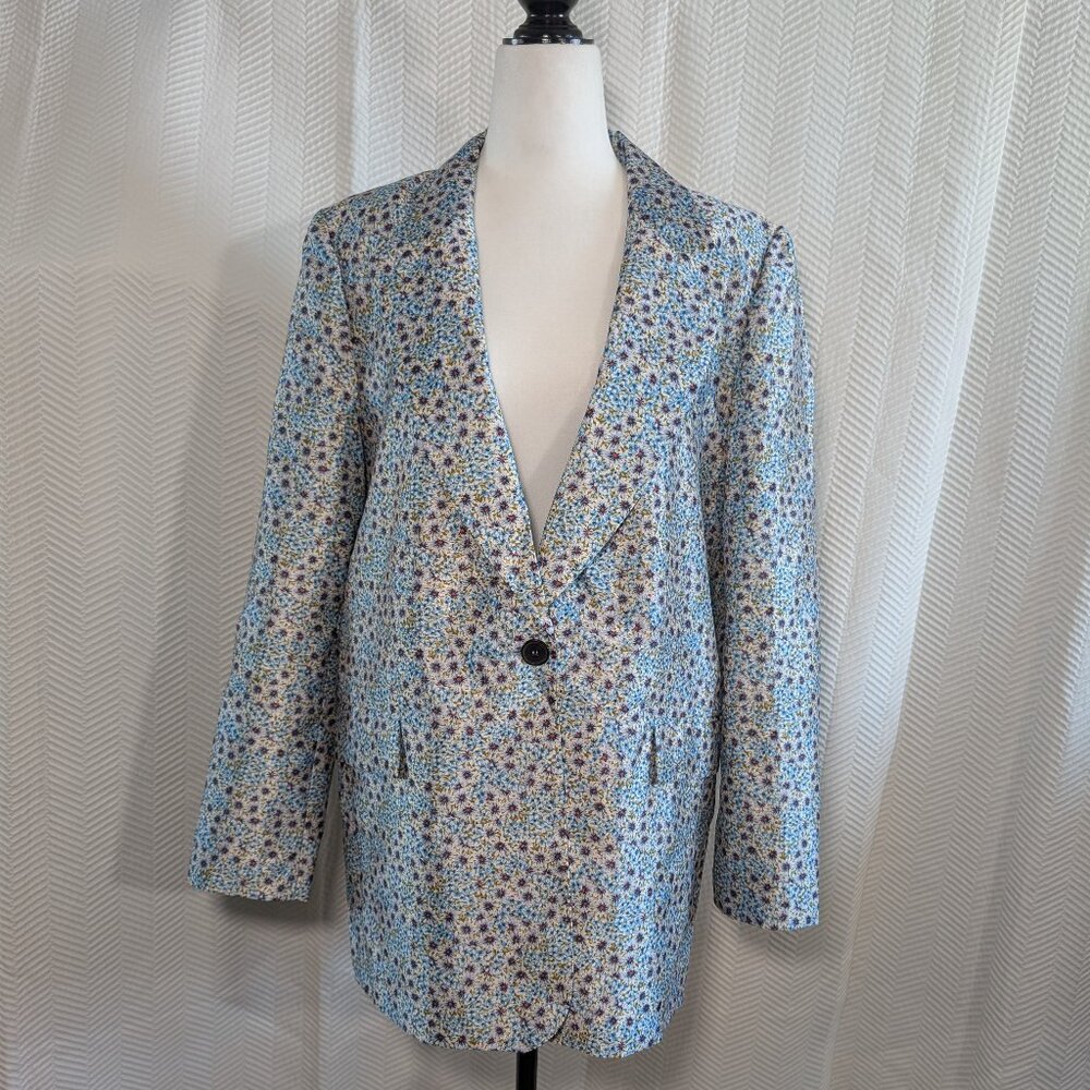 Zara Floral Blazer Oversized Blue & White Size Large Feminine Blogger's Favorite